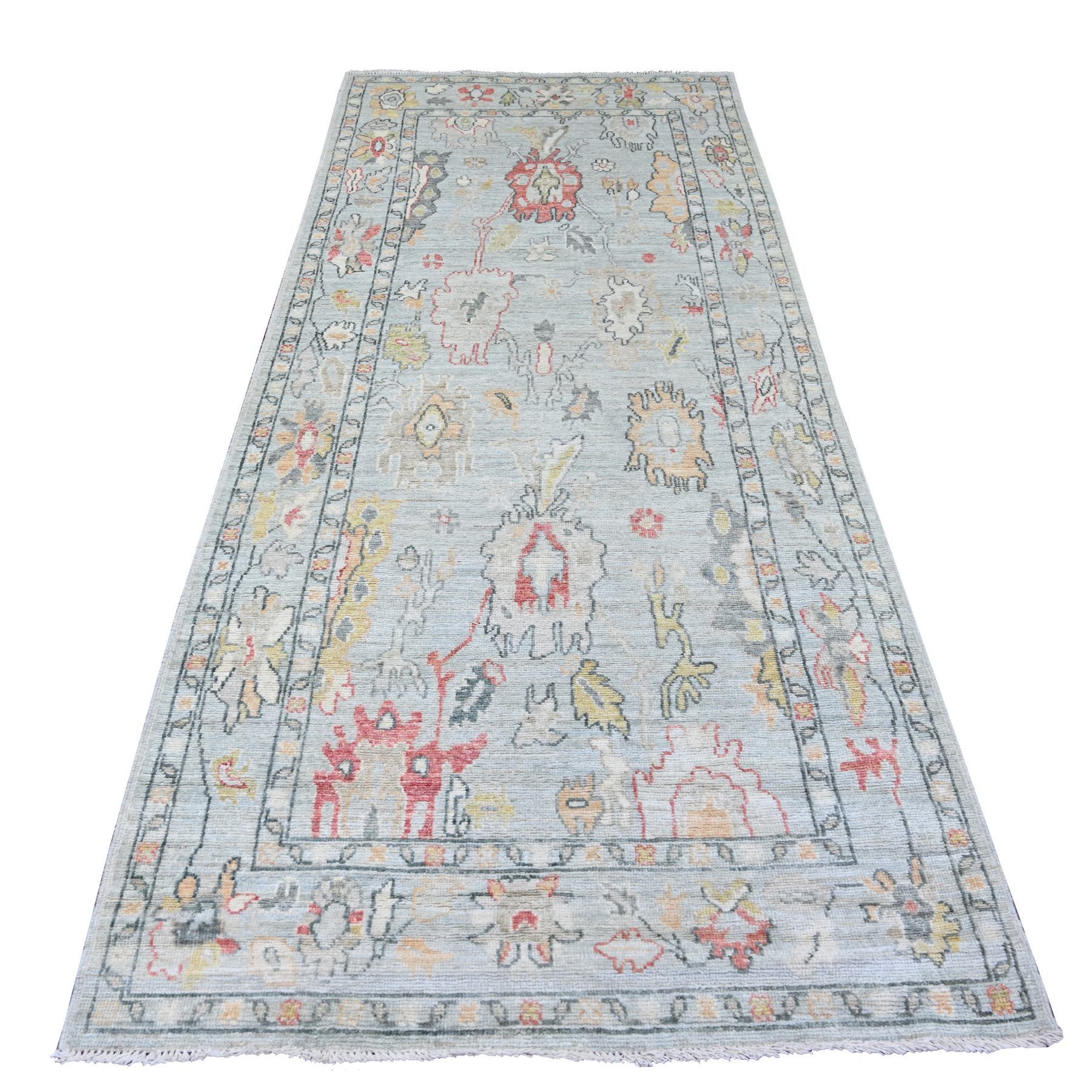 Misty Gray, 100% Wool, Afghan Angora Oushak with All Over Leaf Design, Hand Knotted, Vegetable Dyes, Wide Runner, Oriental Rug